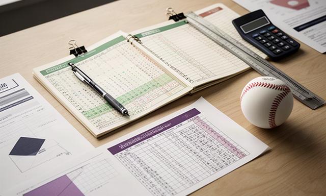 野球の試合データとスコアブックを並べた編集部の机