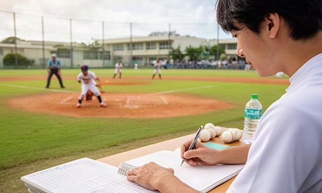 沖縄県の高校野球グラウンドで試合記録を書く記者