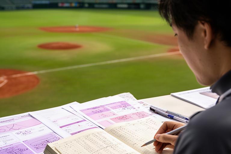 沖縄の野球場でスコアブックとデータ表を見ながら試合を分析する様子