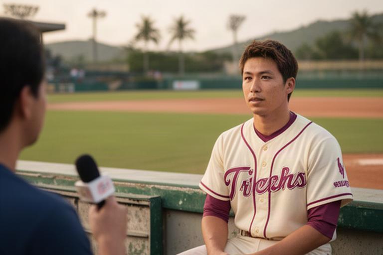 試合後の野球選手が沖縄の球場ベンチで取材を受ける様子