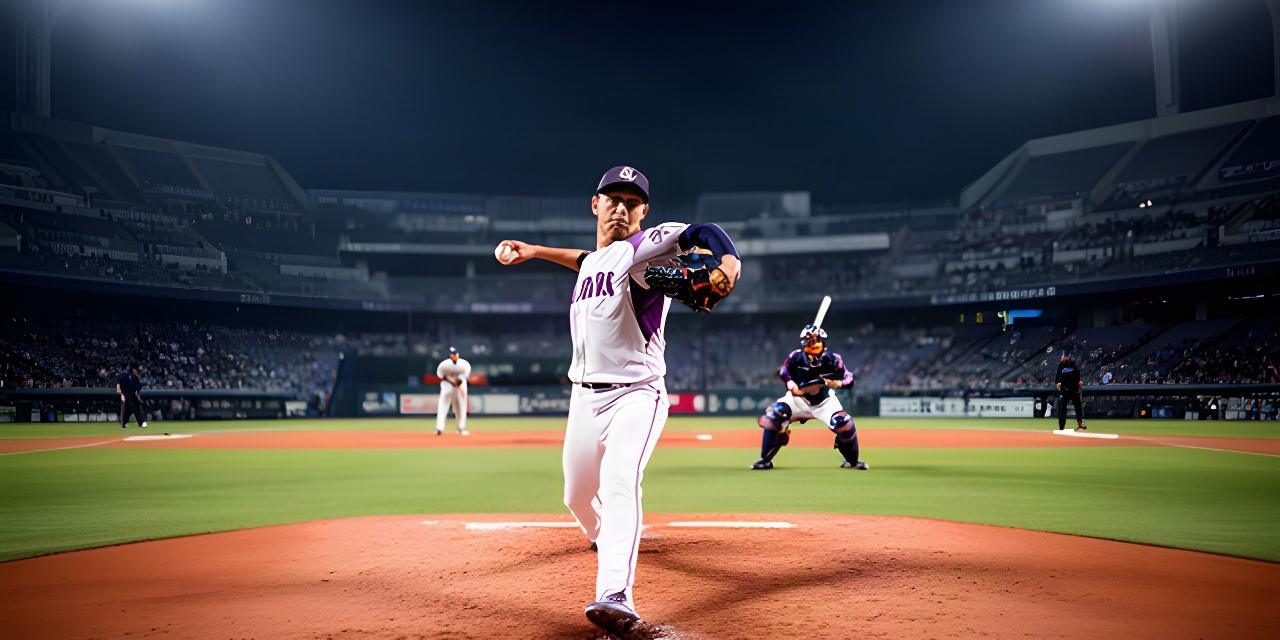 ナイターの野球場で投手がマウンドから捕手へ投球する場面