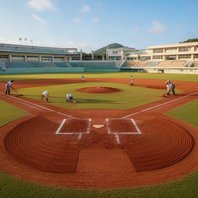 沖縄県内の高校野球場で試合前に整備される内野グラウンド