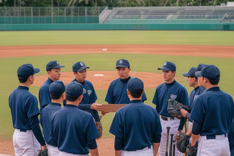 沖縄県の高校野球場で試合前に選手と指導者が作戦を確認する場面