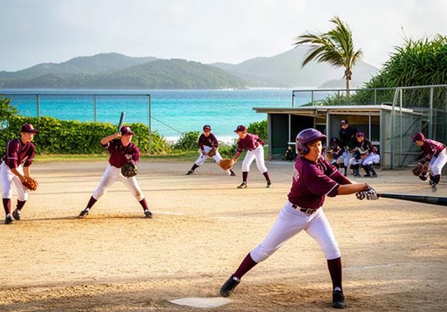 沖縄の離島高校野球選手たちが海風のある野球場で練習する様子