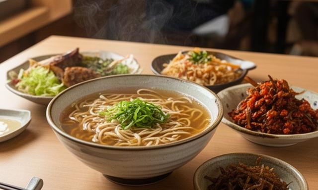 那覇市内の食堂で提供される沖縄そばと地域の料理