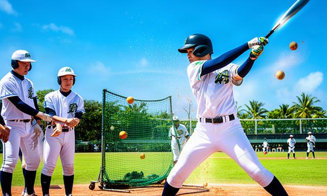 エナジックスポーツの高校球児が沖縄の青空の下で打撃練習をする様子