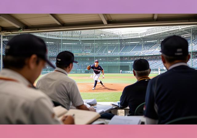 球場のスカウト席から若手投手の投球を見守る野球関係者